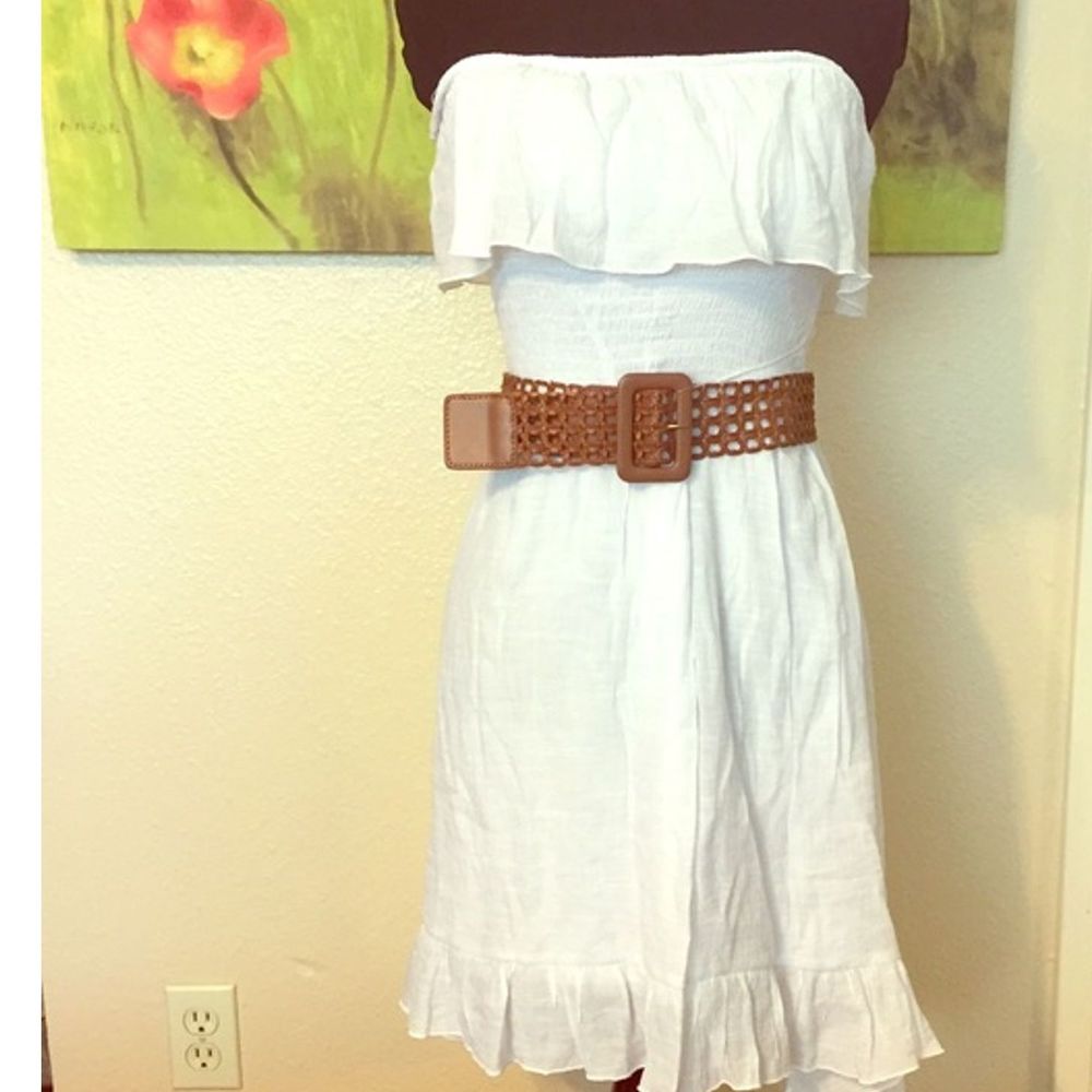 NWT BCX Strapless Smocked White Belted Dress